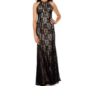 R‎ & M Collection Evening Gown Dress 12 Black Lace Over Nude Lining Halter